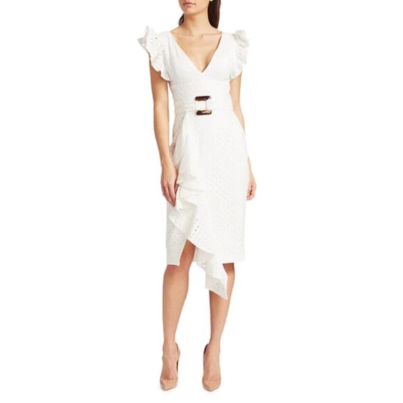 PATBO romantic ruffle sleeve Belted Eyelet Midi Dress In White  sz 4 - Picture 1 of 14